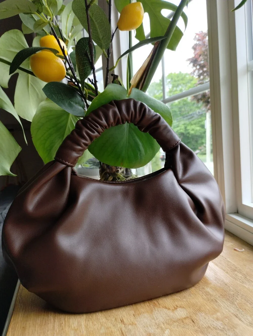 The Drop Chocolate Brown Addison Brown Ruched Hand Purse